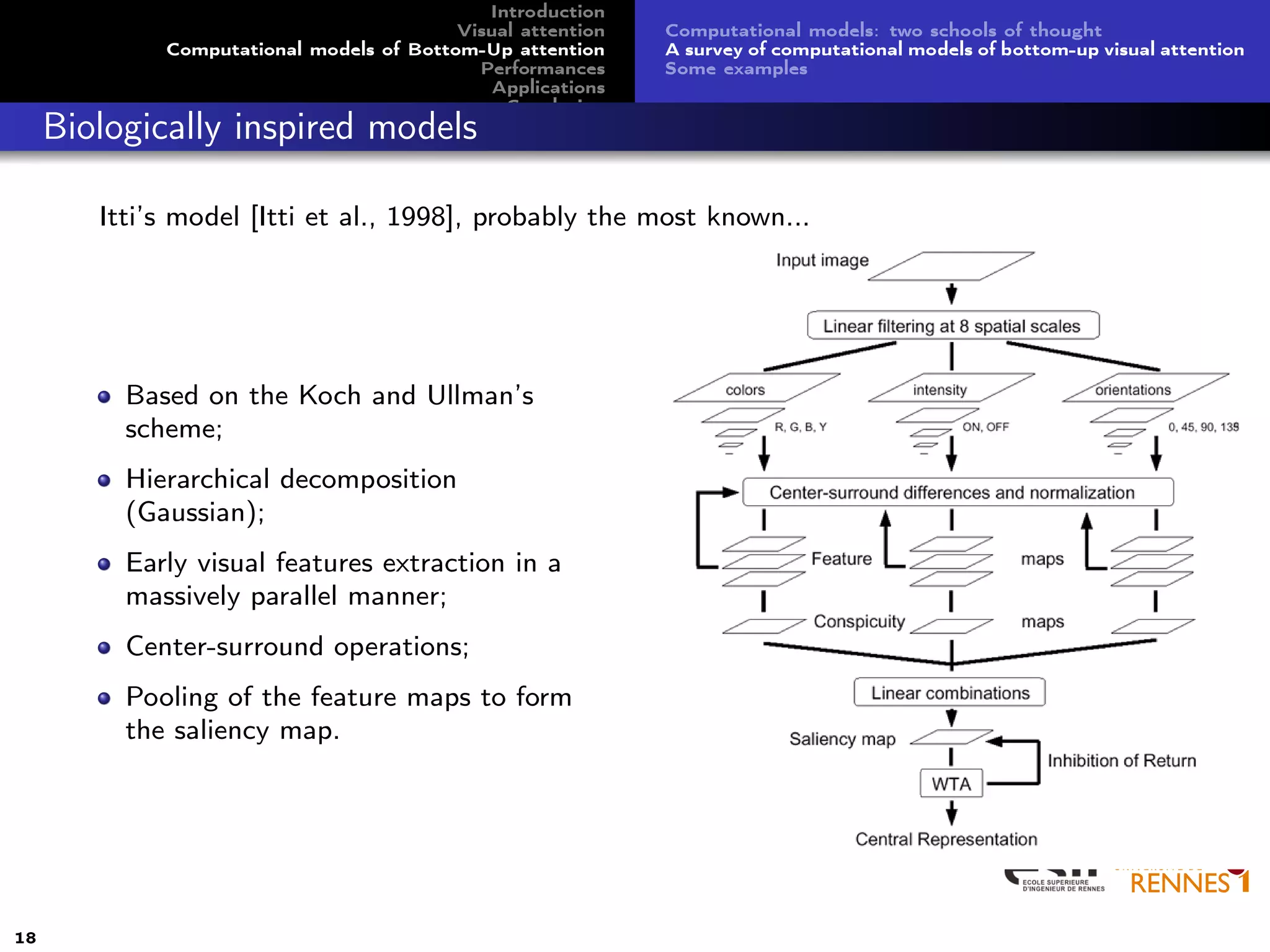 Introduction
Visual attention
Computational models of Bottom-Up attention
Performances
Applications
Conclusion
Computational models: two schools of thought
A survey of computational models of bottom-up visual attention
Some examples
Biologically inspired models
Itti’s model [Itti et al., 1998], probably the most known...
Based on the Koch and Ullman’s
scheme;
Hierarchical decomposition
(Gaussian);
Early visual features extraction in a
massively parallel manner;
Center-surround operations;
Pooling of the feature maps to form
the saliency map.
18
 