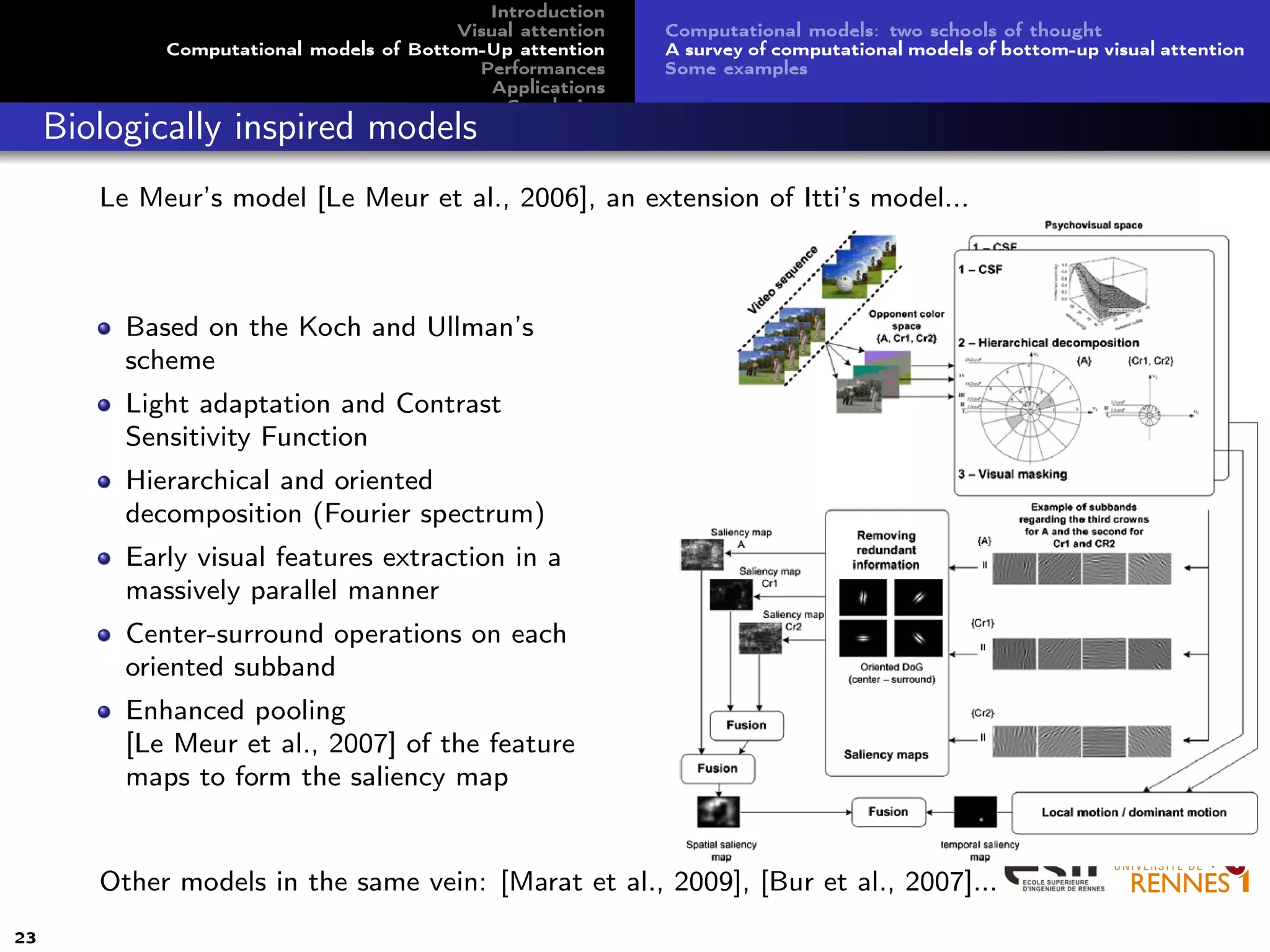 Introduction
Visual attention
Computational models of Bottom-Up attention
Performances
Applications
Conclusion
Computational models: two schools of thought
A survey of computational models of bottom-up visual attention
Some examples
Biologically inspired models
Le Meur’s model [Le Meur et al., 2006], an extension of Itti’s model...
Based on the Koch and Ullman’s
scheme
Light adaptation and Contrast
Sensitivity Function
Hierarchical and oriented
decomposition (Fourier spectrum)
Early visual features extraction in a
massively parallel manner
Center-surround operations on each
oriented subband
Enhanced pooling
[Le Meur et al., 2007] of the feature
maps to form the saliency map
Other models in the same vein: [Marat et al., 2009], [Bur et al., 2007]...
23
 