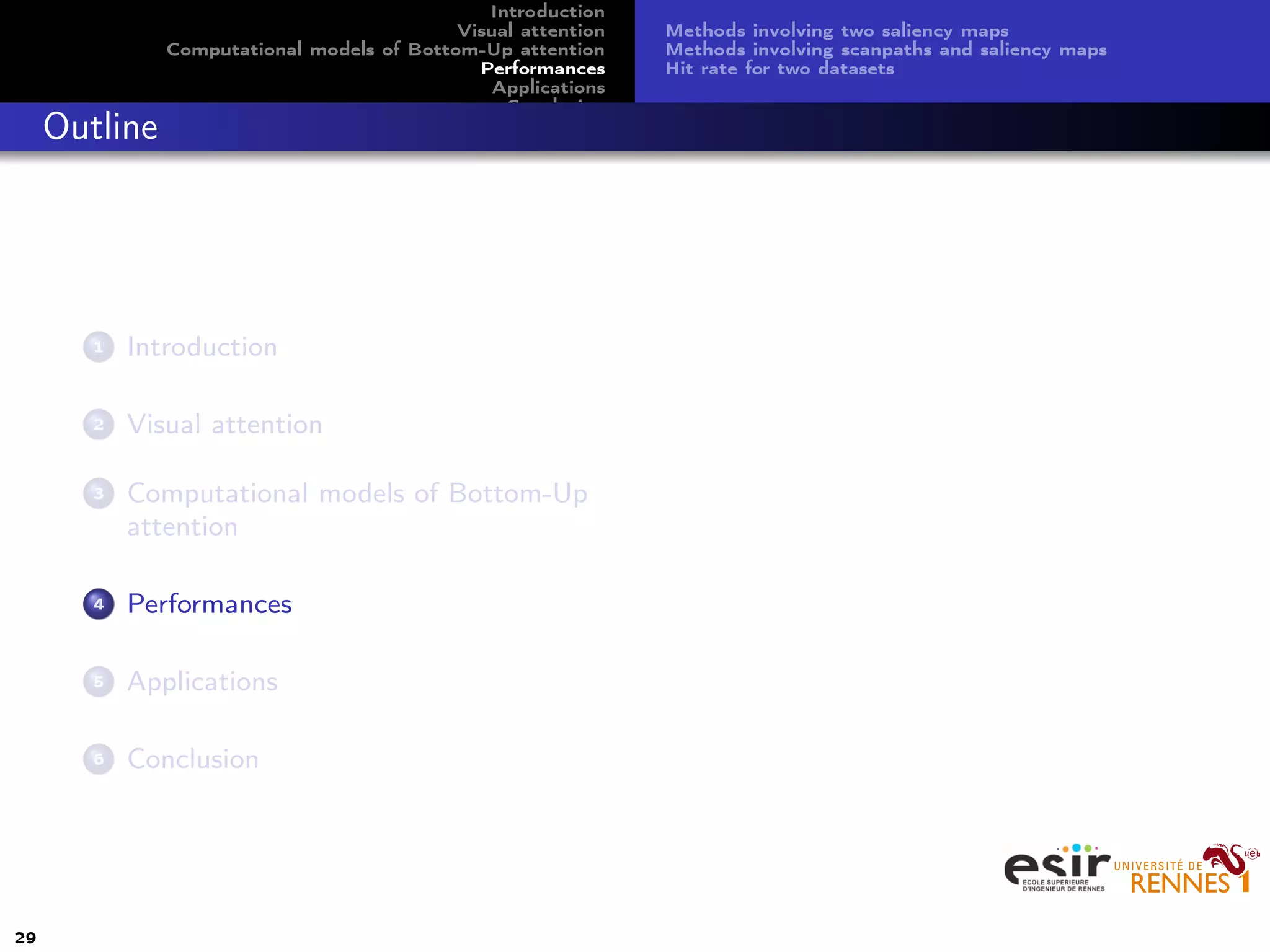 Introduction
Visual attention
Computational models of Bottom-Up attention
Performances
Applications
Conclusion
Methods involving two saliency maps
Methods involving scanpaths and saliency maps
Hit rate for two datasets
Outline
1 Introduction
2 Visual attention
3 Computational models of Bottom-Up
attention
4 Performances
5 Applications
6 Conclusion
29
 