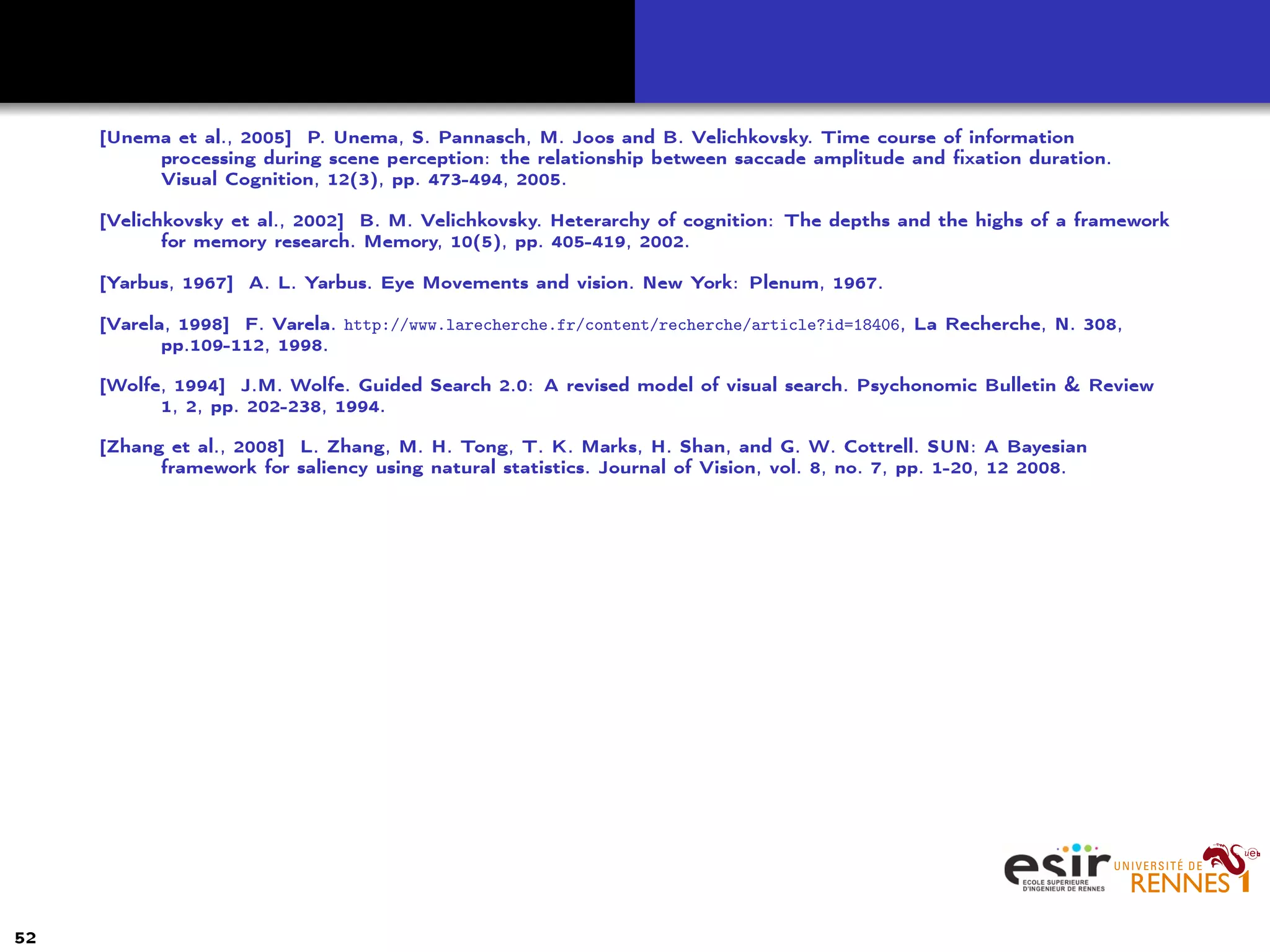 [Unema et al., 2005] P. Unema, S. Pannasch, M. Joos and B. Velichkovsky. Time course of information
processing during scene perception: the relationship between saccade amplitude and ﬁxation duration.
Visual Cognition, 12(3), pp. 473-494, 2005.
[Velichkovsky et al., 2002] B. M. Velichkovsky. Heterarchy of cognition: The depths and the highs of a framework
for memory research. Memory, 10(5), pp. 405-419, 2002.
[Yarbus, 1967] A. L. Yarbus. Eye Movements and vision. New York: Plenum, 1967.
[Varela, 1998] F. Varela. http://www.larecherche.fr/content/recherche/article?id=18406, La Recherche, N. 308,
pp.109-112, 1998.
[Wolfe, 1994] J.M. Wolfe. Guided Search 2.0: A revised model of visual search. Psychonomic Bulletin & Review
1, 2, pp. 202-238, 1994.
[Zhang et al., 2008] L. Zhang, M. H. Tong, T. K. Marks, H. Shan, and G. W. Cottrell. SUN: A Bayesian
framework for saliency using natural statistics. Journal of Vision, vol. 8, no. 7, pp. 1-20, 12 2008.
52
 