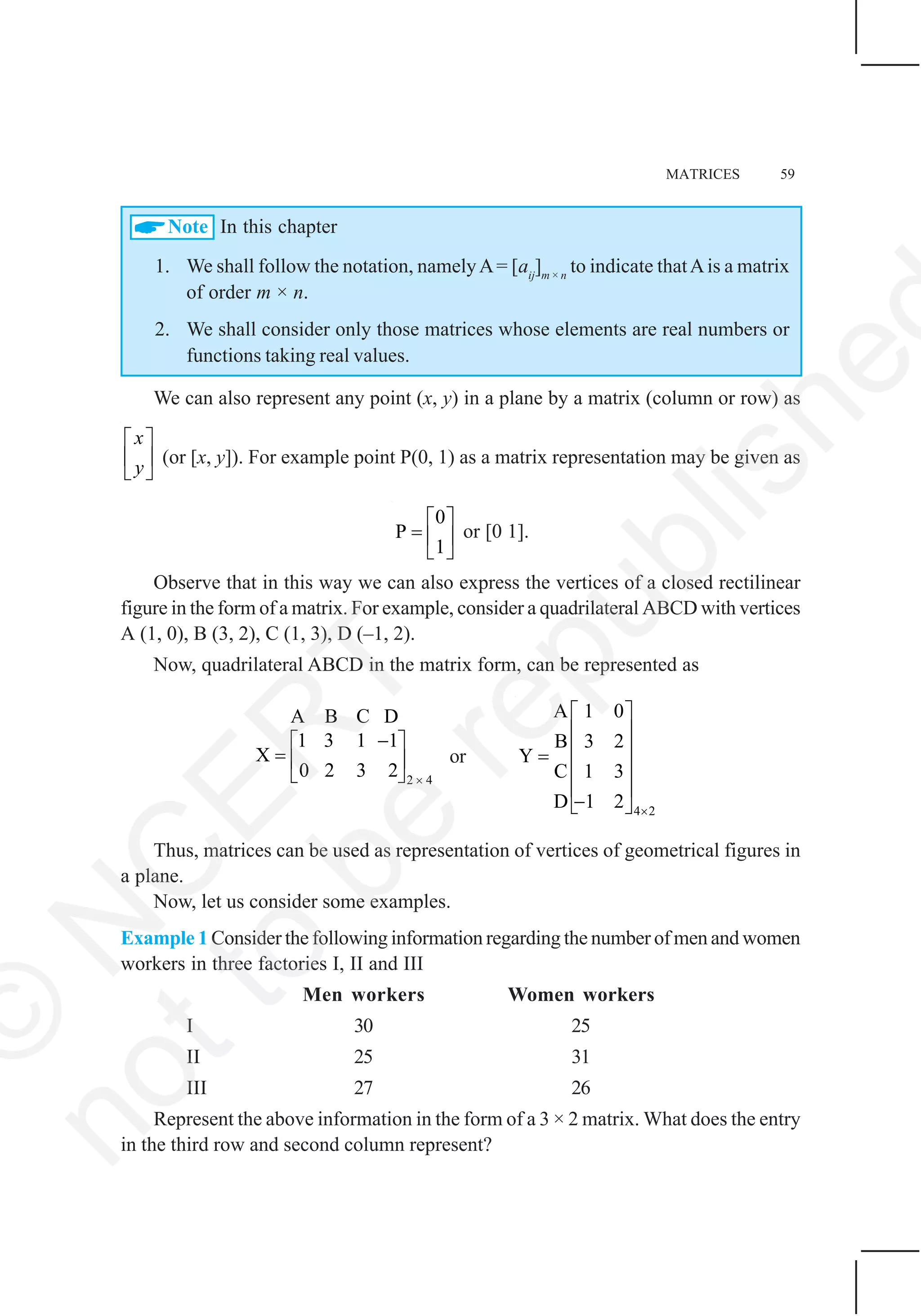 MATRICES 59
Note In this chapter
1. We shall follow the notation, namelyA= [aij
]m × n
to indicate thatAis a matrix
of order m × n.
2. We shall consider only those matrices whose elements are real numbers or
functions taking real values.
We can also represent any point (x, y) in a plane by a matrix (column or row) as
x
y
⎡ ⎤
⎢ ⎥
⎣ ⎦
(or [x, y]). For example point P(0, 1) as a matrix representation may be given as
0
P
1
⎡ ⎤
= ⎢ ⎥
⎣ ⎦
or [0 1].
Observe that in this way we can also express the vertices of a closed rectilinear
figure in the form of a matrix. For example, consider a quadrilateral ABCD with vertices
A (1, 0), B (3, 2), C (1, 3), D (–1, 2).
Now, quadrilateral ABCD in the matrix form, can be represented as
2 4
A B C D
1 3 1 1
X
0 2 3 2 ×
−⎡ ⎤
= ⎢ ⎥
⎣ ⎦
or
4 2
A 1 0
B 3 2
Y
C 1 3
D 1 2 ×
⎡ ⎤
⎢ ⎥
⎢ ⎥=
⎢ ⎥
⎢ ⎥
−⎣ ⎦
Thus, matrices can be used as representation of vertices of geometrical figures in
a plane.
Now, let us consider some examples.
Example 1 Consider the following information regarding the number of men and women
workers in three factories I, II and III
Men workers Women workers
I 30 25
II 25 31
III 27 26
Represent the above information in the form of a 3 × 2 matrix. What does the entry
in the third row and second column represent?
©
N
C
ER
T
notto
be
republishe
 