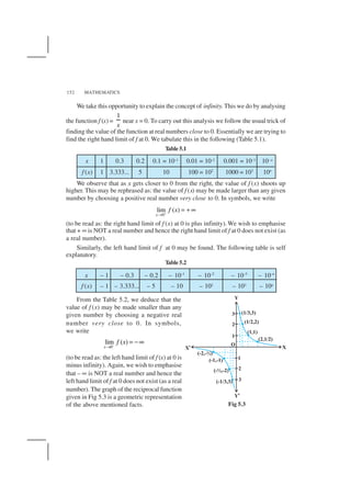 MATHEMATICS152
We take this opportunity to explain the concept of infinity. This we do by analysing
the function f (x) =
1
x
near x = 0. To carry out this analysis we follow the usual trick of
finding the value of the function at real numbers close to 0. Essentially we are trying to
find the right hand limit of f at 0. We tabulate this in the following (Table 5.1).
Table 5.1
x 1 0.3 0.2 0.1 = 10–1 0.01 = 10–2 0.001 = 10–3 10–n
f (x) 1 3.333... 5 10 100 = 102
1000 = 103
10n
We observe that as x gets closer to 0 from the right, the value of f (x) shoots up
higher. This may be rephrased as: the value of f (x) may be made larger than any given
number by choosing a positive real number very close to 0. In symbols, we write
0
lim ( )
x
f x+
→
= + ∞
(to be read as: the right hand limit of f (x) at 0 is plus infinity). We wish to emphasise
that + ∞ is NOT a real number and hence the right hand limit of f at 0 does not exist (as
a real number).
Similarly, the left hand limit of f at 0 may be found. The following table is self
explanatory.
Table 5.2
x – 1 – 0.3 – 0.2 – 10–1
– 10–2
– 10–3
– 10–n
f (x) – 1 – 3.333... – 5 – 10 – 102 – 103 – 10n
From the Table 5.2, we deduce that the
value of f (x) may be made smaller than any
given number by choosing a negative real
number very close to 0. In symbols,
we write
0
lim ( )
x
f x−
→
= −∞
(to be read as: the left hand limit of f (x) at 0 is
minus infinity). Again, we wish to emphasise
that – ∞ is NOT a real number and hence the
left hand limit of f at 0 does not exist (as a real
number). The graph of the reciprocal function
given in Fig 5.3 is a geometric representation
of the above mentioned facts. Fig 5.3
 