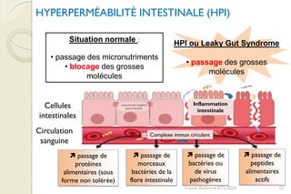 Cellules
intestinales
Circulation
sanguine
Inflammation
intestinale
HYPERPERMÉABILITÉ INTESTINALE (HPI)
Situation normale :
• passage des micronutriments
• blocage des grosses
molécules
HPI ou Leaky Gut Syndrome
• passage des grosses
molécules
 passage de
protéines
alimentaires (sous
forme non tolérée)
 passage de
morceaux
bactéries de la
flore intestinale
 passage de
bactéries ou
de virus
pathogènes
 passage de
peptides
alimentaires
actifs
Complexe immun circulant
52Franck Rencurel BTS 2020
 