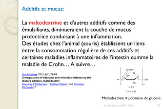 Franck Rencurel BTS 2020
Additifs et mucus:
La maltodextrine et d’autres additifs comme des
émulsifiants, diminueraient la couche de mucus
protectrice conduisant à une inflammation.
Des études chez l’animal (souris) établissent un liens
entre la consommation régulière de ces additifs et
certaines maladies inflammatoires de l’intestin comme la
maladie de Crohn… A suivre…
55
Gut Microbes. 2015; 6(1): 78–83.
Deregulation of intestinal anti-microbial defense by the
dietary additive,maltodextrin
Kourtney P Nickerson,1,2 Rachael Chanin,1 and Christine
McDonald3,4,*
Maltodextrine = polymère de glucose
 