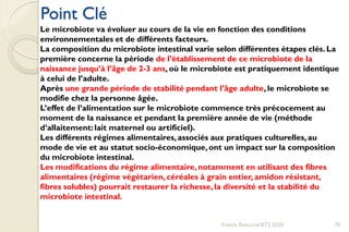 Point Clé
Franck Rencurel BTS 2020 70
Le microbiote va évoluer au cours de la vie en fonction des conditions
environnementales et de différents facteurs.
La composition du microbiote intestinal varie selon différentes étapes clés. La
première concerne la période de l’établissement de ce microbiote de la
naissance jusqu’à l’âge de 2-3 ans, où le microbiote est pratiquement identique
à celui de l’adulte.
Après une grande période de stabilité pendant l’âge adulte, le microbiote se
modifie chez la personne âgée.
L’effet de l’alimentation sur le microbiote commence très précocement au
moment de la naissance et pendant la première année de vie (méthode
d’allaitement:lait maternel ou artificiel).
Les différents régimes alimentaires,associés aux pratiques culturelles, au
mode de vie et au statut socio-économique,ont un impact sur la composition
du microbiote intestinal.
Les modifications du régime alimentaire,notamment en utilisant des fibres
alimentaires (régime végétarien, céréales à grain entier, amidon résistant,
fibres solubles) pourrait restaurer la richesse, la diversité et la stabilité du
microbiote intestinal.
 