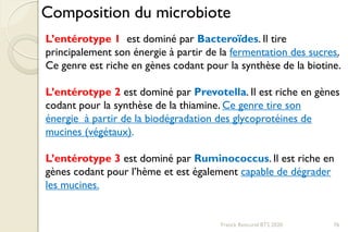 L’entérotype 1 est dominé par Bacteroïdes. Il tire
principalement son énergie à partir de la fermentation des sucres.
Ce genre est riche en gènes codant pour la synthèse de la biotine.
L’entérotype 2 est dominé par Prevotella. Il est riche en gènes
codant pour la synthèse de la thiamine. Ce genre tire son
énergie à partir de la biodégradation des glycoprotéines de
mucines (végétaux).
L’entérotype 3 est dominé par Ruminococcus. Il est riche en
gènes codant pour l’hème et est également capable de dégrader
les mucines.
Composition du microbiote
76Franck Rencurel BTS 2020
 