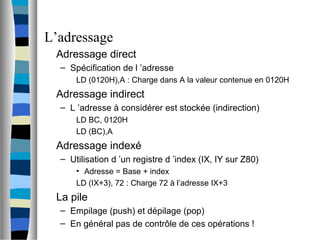L’adressage
Adressage direct
– Spécification de l ’adresse
LD (0120H),A : Charge dans A la valeur contenue en 0120H
Adressage indirect
– L ’adresse à considérer est stockée (indirection)
LD BC, 0120H
LD (BC),A
Adressage indexé
– Utilisation d ’un registre d ’index (IX, IY sur Z80)
• Adresse = Base + index
LD (IX+3), 72 : Charge 72 à l’adresse IX+3
La pile
– Empilage (push) et dépilage (pop)
– En général pas de contrôle de ces opérations !
 