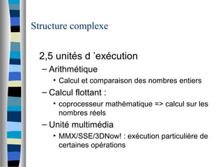 Structure complexe
2,5 unités d ’exécution
– Arithmétique
• Calcul et comparaison des nombres entiers
– Calcul flottant :
• coprocesseur mathématique => calcul sur les
nombres réels
– Unité multimédia
• MMX/SSE/3DNow! : exécution particulière de
certaines opérations
 