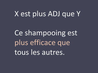 X est plus ADJ que Y 
Ce shampooing est 
plus efficace que 
tous les autres. 
 