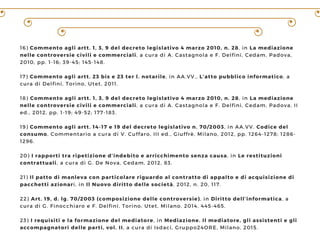 16) Commento agli artt. 1, 3, 9 del decreto legislativo 4 marzo 2010, n. 28, in La mediazione
nelle controversie civili e commerciali, a cura di A. Castagnola e F. Delfini, Cedam, Padova,
2010, pp. 1-16; 39-45; 145-148.
17) Commento agli artt. 23 bis e 23 ter l. notarile, in AA.VV., L’atto pubblico informatico, a
cura di Delfini, Torino, Utet, 2011.
18) Commento agli artt. 1, 3, 9 del decreto legislativo 4 marzo 2010, n. 28, in La mediazione
nelle controversie civili e commerciali, a cura di A. Castagnola e F. Delfini, Cedam, Padova, II
ed., 2012, pp. 1-19; 49-52; 177-183.
19) Commento agli artt. 14-17 e 19 del decreto legislativo n. 70/2003, in AA.VV. Codice del
consumo, Commentario a cura di V. Cuffaro, III ed., Giuffrè, Milano, 2012, pp. 1264-1278; 1286-
1296.
20) I rapporti tra ripetizione d’indebito e arricchimento senza causa, in Le restituzioni
contrattuali, a cura di G. De Nova, Cedam, 2012, 83.
21) Il patto di manleva con particolare riguardo al contratto di appalto e di acquisizione di
pacchetti azionari, in Il Nuovo diritto delle società, 2012, n. 20, 117.
22) Art. 19, d. lg. 70/2003 (composizione delle controversie), in Diritto dell’informatica, a
cura di G. Finocchiaro e F. Delfini, Torino, Utet, Milano, 2014, 445-465.
23) I requisiti e la formazione del mediatore, in Mediazione. Il mediatore, gli assistenti e gli
accompagnatori delle parti, vol. II, a cura di Isdaci, Gruppo24ORE, Milano, 2015.
 