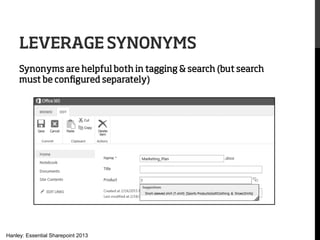 LEVERAGE SYNONYMS
Synonyms are helpful both in tagging & search (but search
must be conﬁgured separately)

Hanley: Essential Sharepoint 2013

 