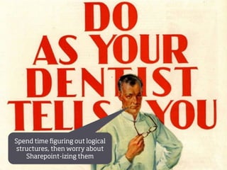 Spend time ﬁguring out logical
structures, then worry about
Sharepoint-izing them
http://www.zazzle.com/red+dirt+posters

 