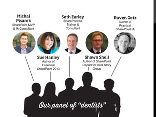 Michal
Pisarek

Seth Earley
SharePoint IA
Trainer &
Consultant

SharePoint MVP
& IA Consultant

Sue Hanley
Author of
Essential
SharePoint 2013

Ruven Gotz
Author of
Practical
SharePoint IA

Shawn Shell
Author of SharePoint
Report for Real Story
Group

Our panel of “dentists”

 
