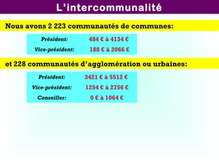 L’intercommunalité
Nous avons 2 223 communautés de communes:
et 228 communautés d’agglomération ou urbaines:
Président: 484 € à 4134 €
Vice-président: 188 € à 2066 €
Président: 3421 € à 5512 €
Vice-président: 1254 € à 2756 €
Conseiller: 0 € à 1064 €
 