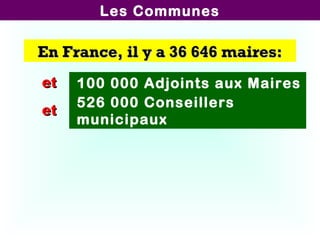 En France, il y a 36 646 maires:En France, il y a 36 646 maires:
526 000 Conseillers
municipaux
100 000 Adjoints aux Mairesetet
etet
Les Communes
 