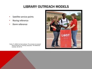 LIBRARY OUTREACH MODELS
• Satellite service points
• Roving reference
• Dorm reference
Rudin, P. (2008). No fixed address:...