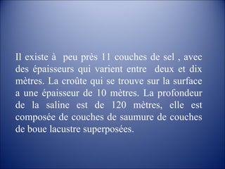 Il existe à  peu près 11 couches de sel , avec des épaisseurs qui varient entre  deux et dix mètres. La croûte qui se trouve sur la surface a une épaisseur de 10 mètres. La profondeur de la saline est de 120 mètres, elle est composée de couches de saumure de couches de boue lacustre superposées. 