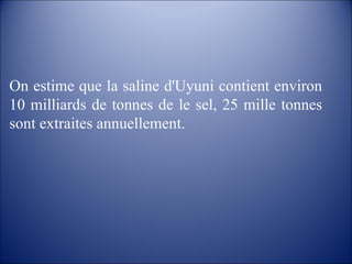 On estime que la saline d'Uyuni contient environ 10 milliards de tonnes de le sel, 25 mille tonnes sont extraites annuellement. 