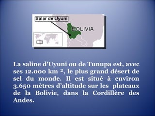 La saline d'Uyuni ou de Tunupa est, avec ses 12.000 km ², le plus grand désert de sel du monde. Il est situé à environ 3.650 mètres d’altitude sur les  plateaux de la Bolivie, dans la Cordillère des Andes.  