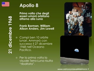Apollo 8
Prima volta che degli
esseri umani orbitano
attorno alla Luna
Frank Borman, William
Alison Anders, Jim Lowell
 Compì ben 10 orbite
lunari. Ammarò con
successo il 27 dicembre
1968 nell’Oceano
Pacifico.
 Per la prima volta la
visuale Terra-Luna risulta
“ribaltata”.
www.astronomiavallidelnoce.it
 
