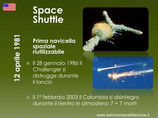 Space
Shuttle
Prima navicella
spaziale
riutilizzabile
 Il 28 gennaio 1986 il
Challenger si
distrugge durante
il lancio
 il 1° febbraio 2003 il Columbia si disintegra
durante il rientro in atmosfera: 7 + 7 morti
www.astronomiavallidelnoce.it
 
