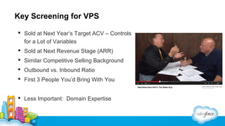 Key Screening for VPS
 Sold at Next Year’s Target ACV – Controls
for a Lot of Variables
 Sold at Next Revenue Stage (ARR)
 Similar Competitive Selling Background
 Outbound vs. Inbound Ratio
 First 3 People You’d Bring With You
 Less Important: Domain Expertise

 