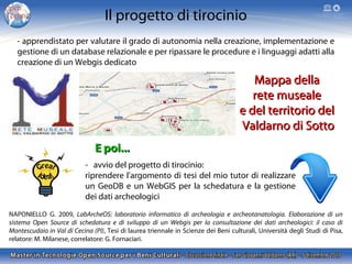 Il progetto di tirocinio
- apprendistato per valutare il grado di autonomia nella creazione, implementazione e
gestione di un database relazionale e per ripassare le procedure e i linguaggi adatti alla
creazione di un Webgis dedicato

Mappa della
rete museale
e del territorio del
Valdarno di Sotto
E poi...
- avvio del progetto di tirocinio:
riprendere l'argomento di tesi del mio tutor di realizzare
un GeoDB e un WebGIS per la schedatura e la gestione
dei dati archeologici
NAPONIELLO G. 2009, LabArcheOS: laboratorio informatico di archeologia e archeotanatologia. Elaborazione di un
sistema Open Source di schedatura e di sviluppo di un Webgis per la consultazione dei dati archeologici: il caso di
Montescudaio in Val di Cecina (PI), Tesi di laurea triennale in Scienze dei Beni culturali, Università degli Studi di Pisa,
relatore: M. Milanese, correlatore: G. Fornaciari.

 