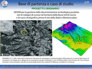 Base di partenza e caso di studio
PROGETTO ORIGINARIO
GEODB per la gestione della documentazione archeologica prodotta
con le indagini di survey nel territorio della Bassa Val di Cecina
e di scavo stratigrafico presso il sito della Badia a Montescudaio.

NAPONIELLO G. 2009, LabArcheOS: laboratorio informatico di archeologia e archeotanatologia. Elaborazione di un sistema Open Source di
schedatura e di sviluppo di un Webgis per la consultazione dei dati archeologici: il caso di Montescudaio in Val di Cecina (PI), Tesi di laurea
triennale in Scienze dei Beni culturali, Università degli Studi di Pisa, relatore: M. Milanese, correlatore: G. Fornaciari.

 