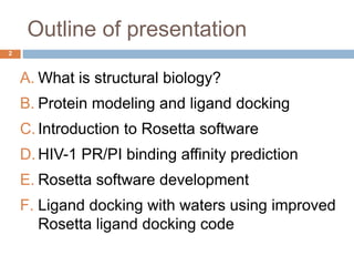 Outline of presentation
A. What is structural biology?
B. Protein modeling and ligand docking
C. Introduction to Rosetta s...