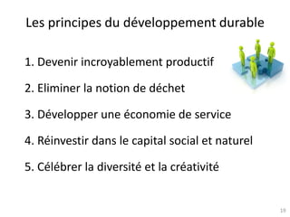 19
Les principes du développement durable
1. Devenir incroyablement productif
2. Eliminer la notion de déchet
3. Développer une économie de service
4. Réinvestir dans le capital social et naturel
5. Célébrer la diversité et la créativité
 
