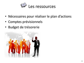 28
Les ressources
• Nécessaires pour réaliser le plan d’actions
• Comptes prévisionnels
• Budget de trésorerie
 