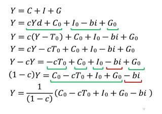 12
𝑌 = 𝐶 + 𝐼 + 𝐺
𝑌 = 𝑐𝑌𝑑 + 𝐶0 + 𝐼0 − 𝑏𝑖 + 𝐺0
𝑌 = 𝑐 + 𝐶0 + 𝐼0 − 𝑏𝑖 + 𝐺0
𝑌 = 𝑐𝑌 − 𝑐𝑇0 + 𝐶0 + 𝐼0 − 𝑏𝑖 + 𝐺0
𝑌 − 𝑐𝑌 = −𝑐𝑇0 + 𝐶0 + 𝐼0 − 𝑏𝑖 + 𝐺0
𝑌 = 𝐶0 − 𝑐𝑇0 + 𝐼0 + 𝐺0 − 𝑏𝑖
𝑌 =
1
 