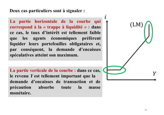 29
La partie horizontale de la courbe qui
correspond à la « trappe à liquidité » : dans
ce cas, le taux d’intérêt est tellement faible
que les agents économiques préfèrent
liquider leurs portefeuilles obligataires et,
par conséquent, la demande d’encaisses
spéculatives atteint son maximum.
Deux cas particuliers sont à signaler :
𝑖
La partie verticale de la courbe : dans ce cas,
le revenu Y est tellement important que la
demande d’encaisses de transaction et de
précaution
monétaire.
absorbe toute la masse
 