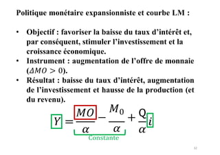 32
Politique monétaire expansionniste et courbe LM :
• Objectif : favoriser la baisse du taux d’intérêt et,
par conséquent, stimuler l’investissement et la
croissance économique.
• Instrument : augmentation de l’offre de monnaie
(𝛥𝑀𝑂 > 0).
• Résultat : baisse du taux d’intérêt, augmentation
de l’investissement et hausse de la production (et
du revenu).
=
𝛼
−
𝑀0
+
𝛼
Constante
 