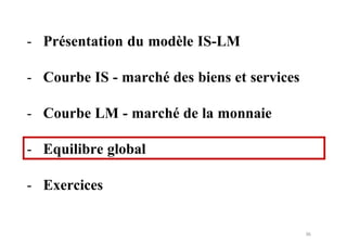 36
- Equilibre global
- Présentation du modèle IS-LM
- Courbe IS - marché des biens et services
- Courbe LM - marché de la monnaie
- Exercices
 