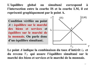 37
Condition vérifiée au point
A : équilibre sur le marché
des biens et services et
équilibre sur le marché de
la monnaie. On parle donc
d’un équilibre simultané.
L’équilibre global ou simultané correspond à
l’intersection entre la courbe IS et la courbe LM, il est
représenté graphiquement par le point A.
𝑌𝐴 𝑌
Le point A indique la combinaison du taux d’intérêt 𝑖𝐴 et
du revenu 𝑌𝐴 qui assure l’équilibre simultané sur le
marché des biens et services et le marché de la monnaie.
 