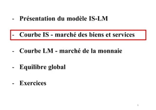 6
- Courbe IS - marché des biens et services
- Présentation du modèle IS-LM
- Courbe LM - marché de la monnaie
- Equilibre global
- Exercices
 