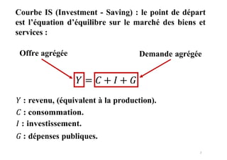 7
Courbe IS (Investment - Saving) : le point de départ
est l’équation d’équilibre sur le marché des biens et
services :
Offre agrégée Demande agrégée
=
𝑌 : revenu, (équivalent à la production).
𝐶 : consommation.
𝐼 : investissement.
𝐺 : dépenses publiques.
 