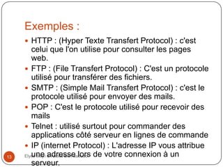 Exemples :
 HTTP : (Hyper Texte Transfert Protocol) : c'est

13

celui que l'on utilise pour consulter les pages
web.
 FTP : (File Transfert Protocol) : C'est un protocole
utilisé pour transférer des fichiers.
 SMTP : (Simple Mail Transfert Protocol) : c'est le
protocole utilisé pour envoyer des mails.
 POP : C'est le protocole utilisé pour recevoir des
mails
 Telnet : utilisé surtout pour commander des
applications côté serveur en lignes de commande
 IP (internet Protocol) : L'adresse IP vous attribue
une adresse lors
Elyes Mejri & Abbes Ben daoued de votre connexion à un
serveur.

 