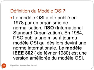 Définition du Modèle OSI?
 Le modèle OSI a été publié en
1978 par un organisme de
normalisation, l’ISO (International
Standard Organization). En 1984,
l’ISO publia une mise à jour du
modèle OSI qui dès lors devint une
norme internationale. Le modèle
IEEE 802 ( de février 1980) est une
version améliorée du modèle OSI.
14

Elyes Mejri & Abbes Ben daoued

 