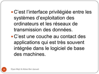  C’est l’interface privilégiée entre les

systèmes d’exploitation des
ordinateurs et les réseaux de
transmission des données.
 C’est une couche au contact des
applications qui est très souvent
intégrée dans le logiciel de base
des machines.
26

Elyes Mejri & Abbes Ben daoued

 