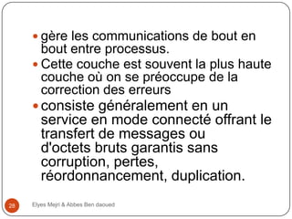  gère les communications de bout en

bout entre processus.
 Cette couche est souvent la plus haute
couche où on se préoccupe de la
correction des erreurs
 consiste généralement en un

service en mode connecté offrant le
transfert de messages ou
d'octets bruts garantis sans
corruption, pertes,
réordonnancement, duplication.
28

Elyes Mejri & Abbes Ben daoued

 