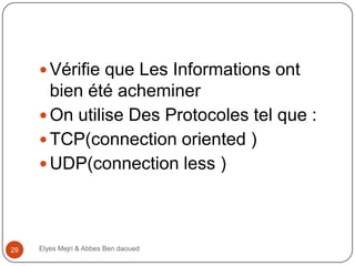  Vérifie que Les Informations ont

bien été acheminer
 On utilise Des Protocoles tel que :
 TCP(connection oriented )
 UDP(connection less )

29

Elyes Mejri & Abbes Ben daoued

 