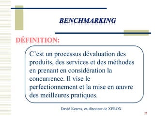 C’est un processus dévaluation des
produits, des services et des méthodes
en prenant en considération la
concurrence. Il vise le
perfectionnement et la mise en œuvre
des meilleures pratiques.
David Kearns, ex directeur de XEROX
25
 
