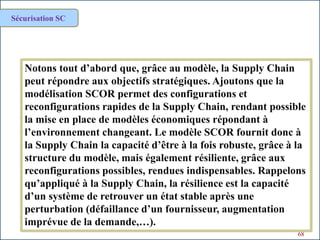 68
Sécurisation SC
Notons tout d’abord que, grâce au modèle, la Supply Chain
peut répondre aux objectifs stratégiques. Ajoutons que la
modélisation SCOR permet des configurations et
reconfigurations rapides de la Supply Chain, rendant possible
la mise en place de modèles économiques répondant à
l’environnement changeant. Le modèle SCOR fournit donc à
la Supply Chain la capacité d’être à la fois robuste, grâce à la
structure du modèle, mais également résiliente, grâce aux
reconfigurations possibles, rendues indispensables. Rappelons
qu’appliqué à la Supply Chain, la résilience est la capacité
d’un système de retrouver un état stable après une
perturbation (défaillance d’un fournisseur, augmentation
imprévue de la demande,…).
 