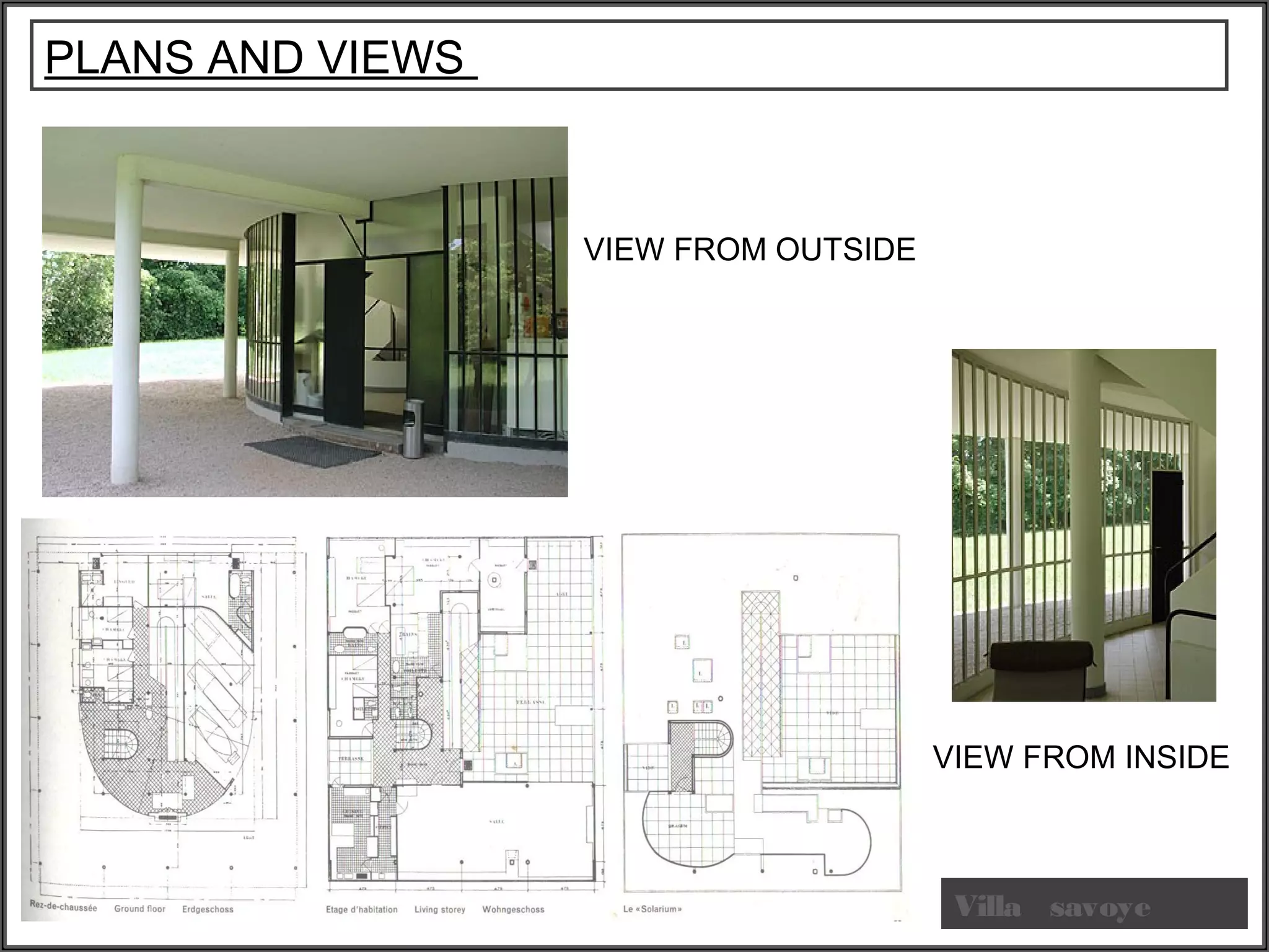 PLANS AND VIEWS
Villa savoye
Content…..size : 18/20
Bullets : square
VIEW FROM INSIDE
VIEW FROM OUTSIDE
 