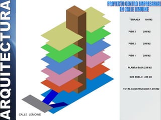 PROYECTO CENTRO EMPRESARIAL  EN CALLE LEMOINE  ARQUITECTURA CALLE  LEMOINE SUB SUELO  289 M2 PLANTA BAJA 239 M2 PISO 1  250 M2 PISO 2  250 M2 PISO 3  250 M2 TERRAZA  100 M2 TOTAL CONSTRUCCION 1.378 M2 
