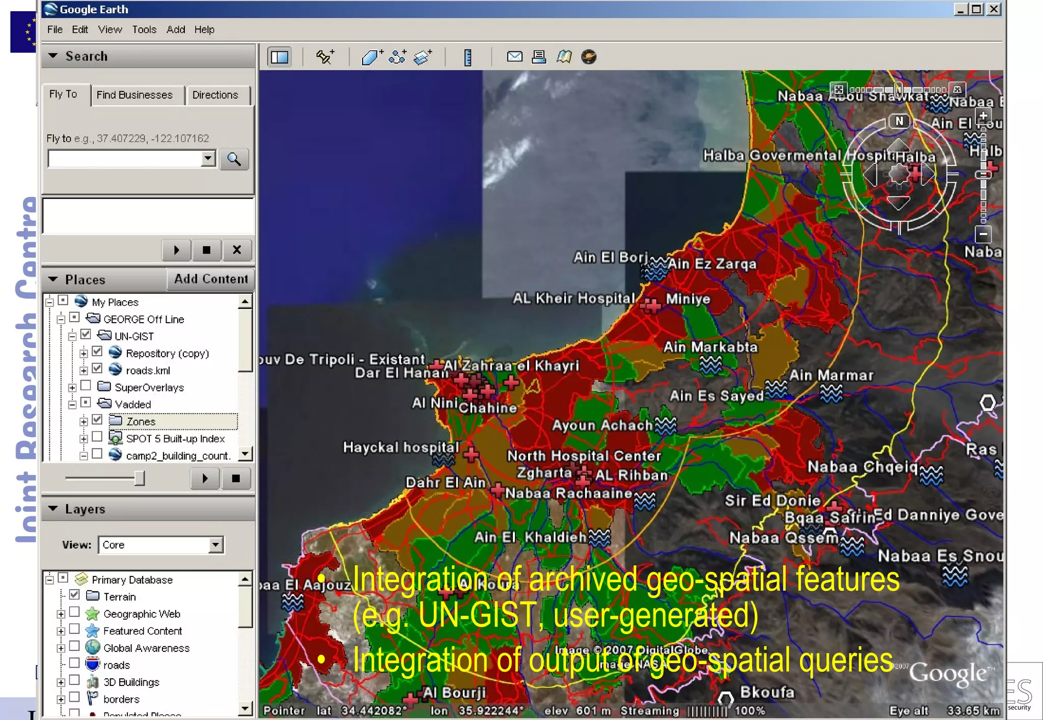 • Integration of archived geo-spatial features
  (e.g. UN-GIST, user-generated)
• Integration of output of geo-spatial queries
 
