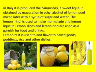 In Italy it is produced the Limoncello, a sweet liqueur
obtained by maceration in ethyl alcohol of lemon peel
mixed later with a syrup of sugar and water. The
lemon rind is used to make marmalade and lemon
liqueur. Lemon slices and lemon rind are used as a
garnish for food and drinks.
Lemon zest is used to add flavor to baked goods,
puddings, rice and other dishes.
 