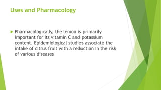 Uses and Pharmacology
 Pharmacologically, the lemon is primarily
important for its vitamin C and potassium
content. Epidemiological studies associate the
intake of citrus fruit with a reduction in the risk
of various diseases
 